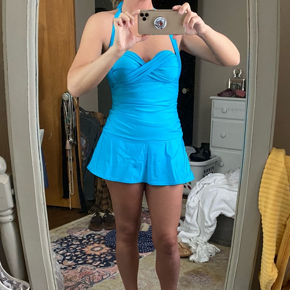 Turquoise blue vintage style one piece swimsuit